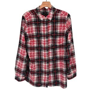 Talbots Womens Plaid blouse top size Large red black Long Sleeve  Classic Fit